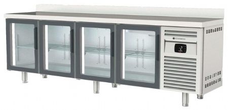 Table inox positive avec dosseret et 4 portes vitrées -  2545x600x850 mm