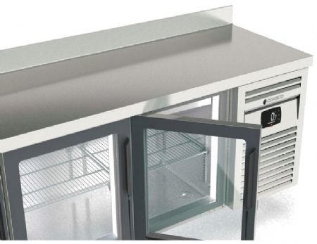 Table inox positive avec dosseret et 4 portes vitrées -  2545x600x850 mm