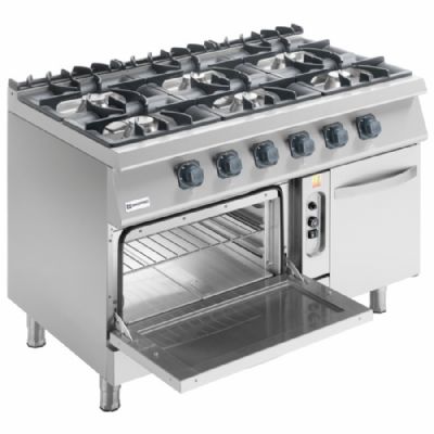 Cuisinière gaz avec four gaz statique GN 2/1 et 6 brûleurs puissance 45 kW Cuisinière gaz avec four gaz statique GN 2/1 et 6 brûleurs puissance 45 kW