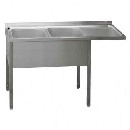 Table de lavage inox avec double cuve et zone d’égouttage à droite 150x70x90
