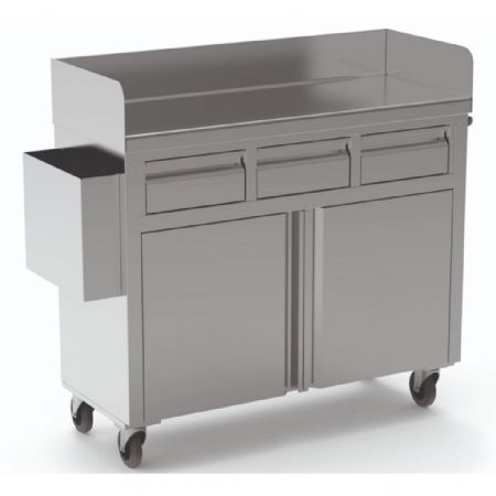 Table cocktail professionnelle 3 tiroirs et 3 portes, plan de travail dosseret et 4 roues - Eratos - MTC50-120