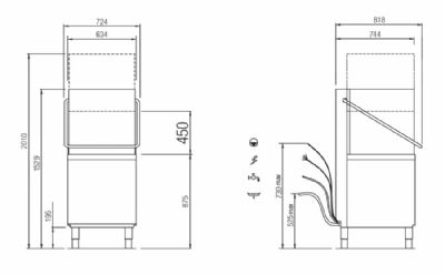Lave-vaisselle � capot inox pompe de vidange en option avec panier 500x500 mm