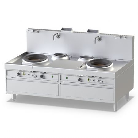 Fourneau wok à gaz à haut rendement, 2 brûleurs, 2 brûleurs soupe, 80 kW - Virtus - NGKB22125