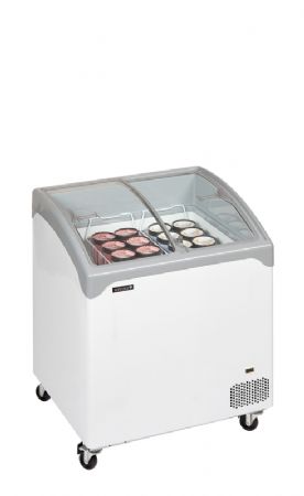 Congélateur coffre vitré à portes coulissantes galbées plage de température -24/-14°C