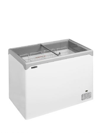 Congélateur coffre avec panneaux vitrés coulissants plats plage de température -24/-14°C et volumes 288/218 L