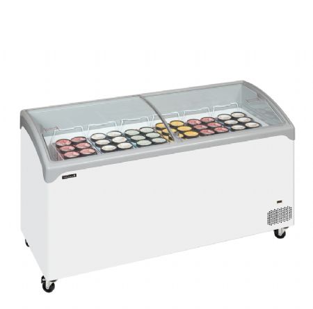 Congélateur coffre vitré à portes coulissantes bombées plage de température -24/-14°C