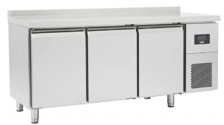 Table rfrigre professionnelle ngative inox avec dosseret 3 portes pleines 457 L