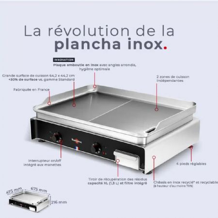 Plancha professionnelle électrique monophasée à poser inox lisse 2 zones 64,2 x 44,2 cm 2 x 2,7 kW largeur Confort - Krampouz - PCLA2AA-KR
