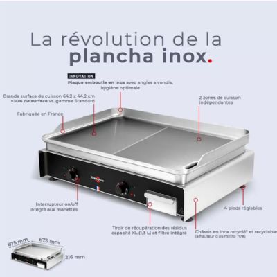 Plancha pro inox lisse à poser triphasé puissance de 5,4 kW - 642x442 mm Plancha pro inox lisse à poser triphasé puissance de 5,4 kW - 642x442 mm