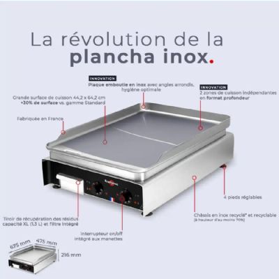 Plancha inox à poser lisse 5,4 kW surface de cuisson 442x642 mm Plancha inox à poser lisse 5,4 kW surface de cuisson 442x642 mm