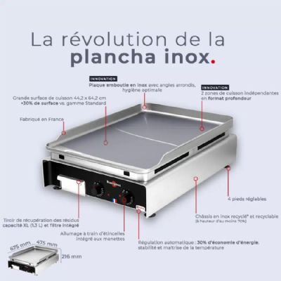 Plancha gaz inox surface lisse à poser puissance 5,8 kW - 442x642 mm Plancha gaz inox surface lisse à poser puissance 5,8 kW - 442x642 mm