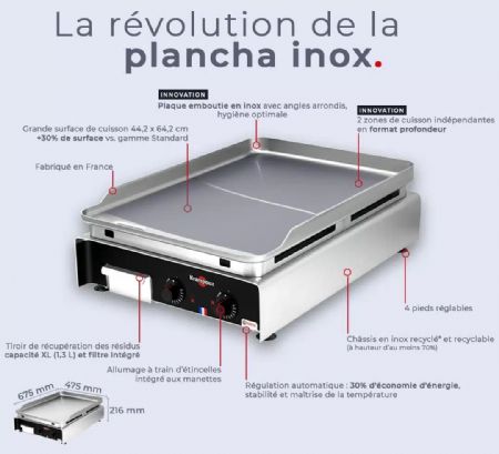 Plancha professionnelle gaz à poser inox lisse 2 zones 44,2 x 64,2 cm 2 x 2,9 kW profondeur Confort - Krampouz - PCPR2MA-KR