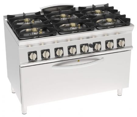 Fourneau gaz 6 feux 30 kW sur four gaz extra-large avec grill 3 kW - Tecnoinox - PFXH12GGE7