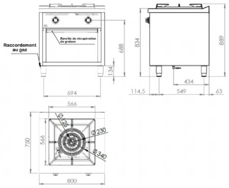 Fourneau professionnel à gaz sur placard ouvert avec 1 brûleur central 25 kW - 800x750x889 mm