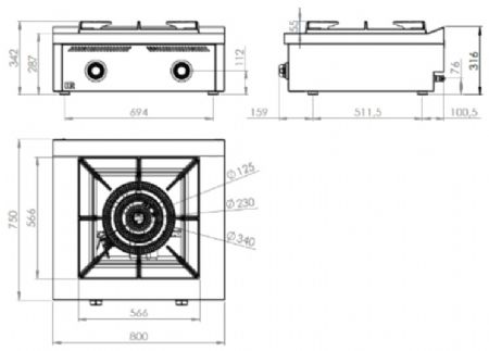 Fourneau de table professionnel à gaz avec 1 brûleur central 25 kW - 800x750x342 mm