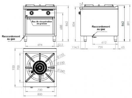 Fourneau professionnel à gaz sur placard ouvert 25 kW - 800x930x891 mm