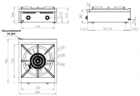 Fourneau de table professionnel à gaz 25 kW - 800x930x344 mm