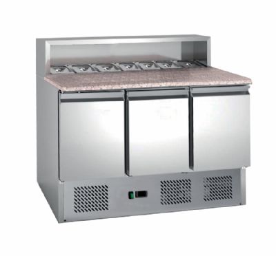 Meuble  pizza positif 3 portes avec saladette 8 bacs GN1/6 au dessus - 400 litres