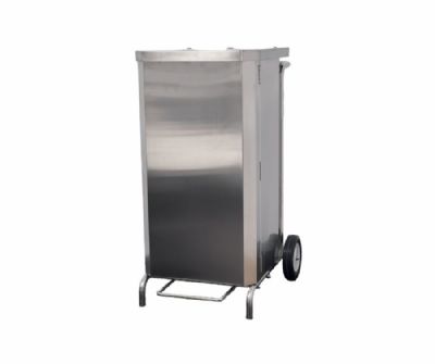 Poubelle porte sacs mobile carene inox a ouverture frontale pour sac de 70L 2 roues 150mm diametre