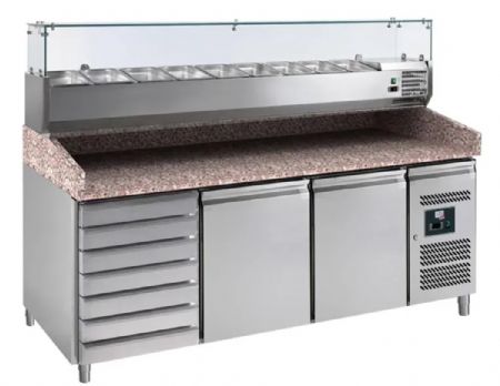 Meuble  pizzas avec plan de travail en granit 2 portes 7 tiroirs - 390L