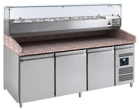 Meuble à pizza réfrigéré dessus granit 3 portes 600x400 mm, vitrine à ingrédients 9 GN 1/3-150, +2/+8°C - l2g - PZ3600TN-VRX380 Meuble à pizza réfrigéré dessus granit 3 portes 600x400 mm, vitrine à ingrédients 9 GN 1/3-150, +2/+8°C - l2g - PZ3600TN-VRX380