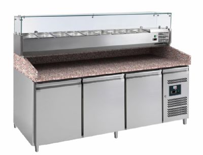 Meuble  pizzas dessus granit +2/+8c avec3portes 600x400 et saladette  ingrdients au dessus
