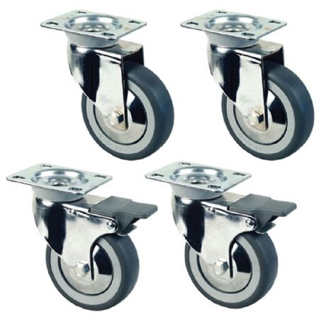 Kit de 4 roues pivotantes chromées Ø 100 pour tables armoires 2 avec freins - Diamond - RS10V4-SA2