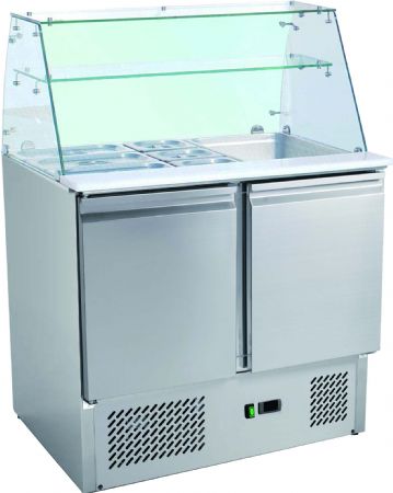 Saladette réfrigérée inox 2 portes GN 1/1, pare-haleine verre droit, capacité 2 GN 1/1 + 3 GN 1/6, +2/+8°C - l2g - S900SQ