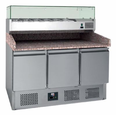 Meuble apizzasrfrigr 3 portes avec saladette vitre au dessus - 368L