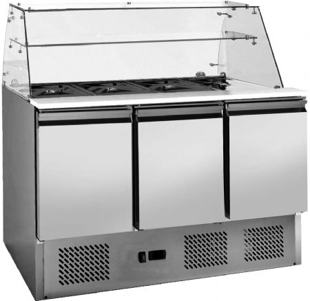 Saladette réfrigérée inox 3 portes GN 1/1, pare-haleine verre droit, capacité 4 GN 1/1, +2/+8°C - l2g - S903SQ
