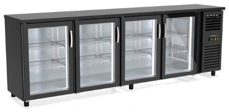 Arrière-bar noir froid positif avec 4 portes vitrées battantes - 2545x530x820 mm