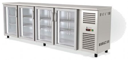 Arrière-bar inox froid positif avec 4 portes vitrées battantes - 2545x530x820 mm