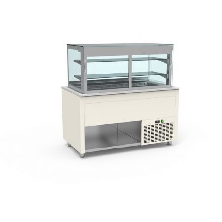 Buffet pro inox avec vitrine centrale panoramique et cuve froide ventile +4 / +12C couleur Blanc - 1260x850x850mm