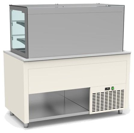 Buffet pro inox avec vitrine murale a portes coulissantes et cuve froide +4 / +12°C Blanc - 1260x850x850 Buffet pro inox avec vitrine murale a portes coulissantes et cuve froide +4 / +12°C Blanc - 1260x850x850