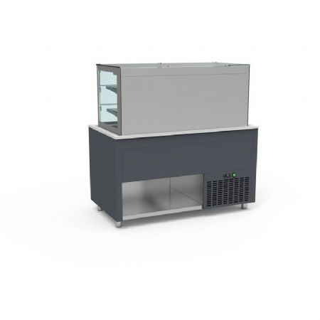 Buffet pro inox avec vitrine murale a portes coulissantes et cuve froide +4 / +12C couleur Gris - 1260x850x850mm