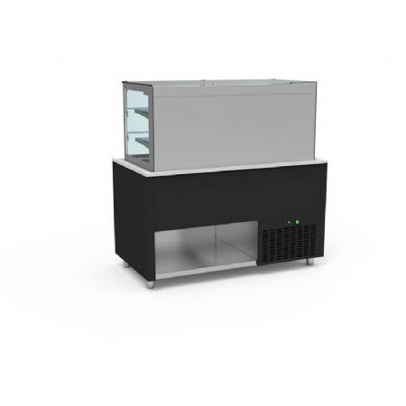 Buffet pro inox avec vitrine murale a portes coulissantes et cuve froide +4 / +12C couleur Noir - 1260x850x850mm