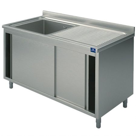 Plonge Inox 1 sur armoire, 1 bac, égouttoir à droite, avec portes coulissantes, 1100x600x850 mm - Virtus - SLA1GD1106