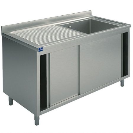 Plonge Inox 1 sur armoire, 1 bac, égouttoir à gauche, avec portes coulissantes, 1100x600x850 mm - Virtus - SLA1GS1106
