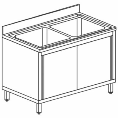 Évier inox sur armoire 2 bacs avec portes coulissantes - 1400x600 mm Évier inox sur armoire 2 bacs avec portes coulissantes - 1400x600 mm