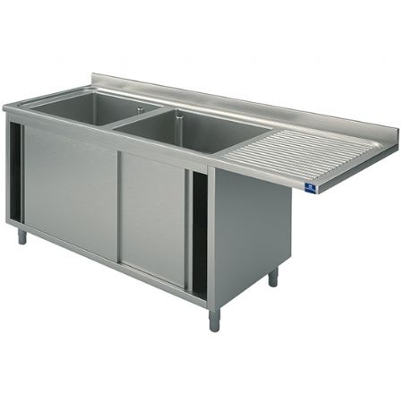 Plonge Inox 1 sur armoire avec portes coulissantes, place pour lave-vaisselle, 2 bacs à gauche, 1800x600x850 mm - Virtus - SLA2LD1806
