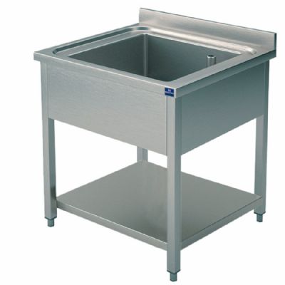 Évier inox 1 bac sur piètement avec tablette basse 600x600 mm Évier inox 1 bac sur piètement avec tablette basse 600x600 mm