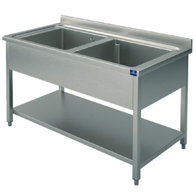 vier inox 2 bacs sur pitement avec tablette basse 1400x600 mm