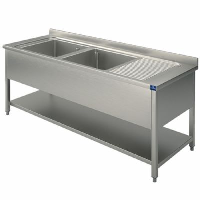vier inox 2 bacs sur pitement avec tablette basse et gouttoir droit 1400x600 mm