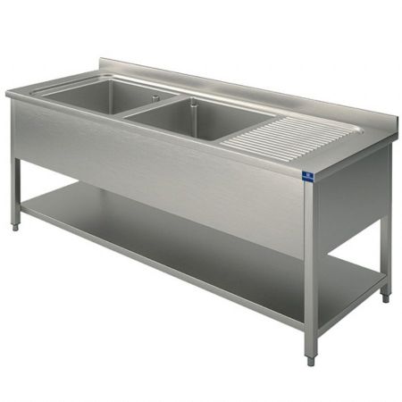 Plonge Inox 1 Évier, 2 bacs, plateau d'égouttage à droite, sur piètement, avec étagère inférieure, 1400x700x850 mm - Virtus - SLG2GD1447