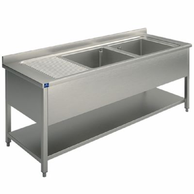 vier inox 2 bacs sur pitement avec tablette basse et gouttoir gauche 1400x600 mm