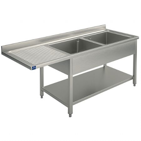Plonge professionnelle sur piètement avec étagère inférieure place pour lave-vaisselle 2 bacs à droite 1800x600 Plonge professionnelle sur piètement avec étagère inférieure place pour lave-vaisselle 2 bacs à droite 1800x600