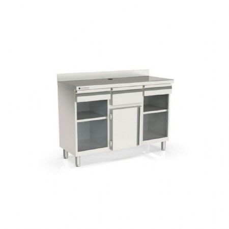 Meuble Bas de Rangement Inox AISI-304 dosseret 100 mm, 1 porte, 1 trémie café et 2 tiroirs - Coreco - SMC-150-S