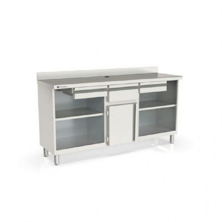 Meuble Bas de Rangement Inox AISI-304 dosseret 100 mm, 1 porte, 1 trémie café et 2 tiroirs neutres - Coreco - SMC-200-S
