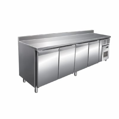 Table réfrigérée inox 4 portes avec dosseret capacité 511 L Table réfrigérée inox 4 portes avec dosseret capacité 511 L