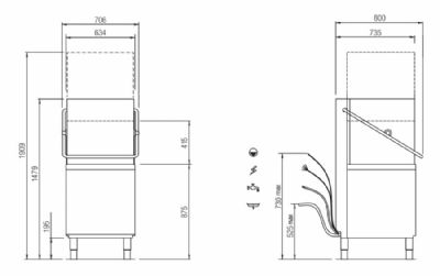 Lave-vaisselle � capot hauteur de passage 400 mm avec cuve 15 litres panier 500x500 mm